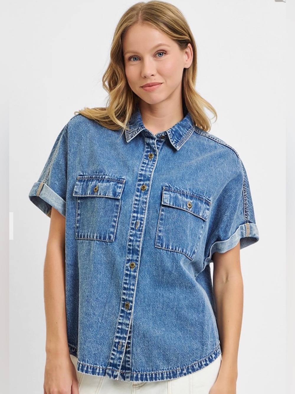 305. RISEN Casual Button-Front Denim Shirt - Blue - Picture 2 of 3